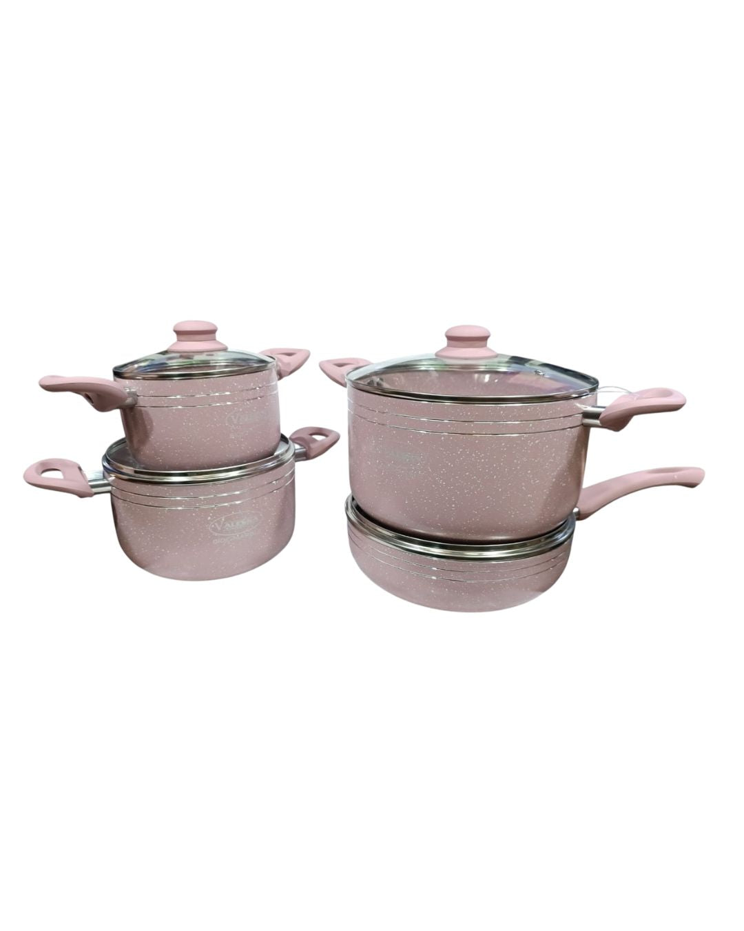Juego de ollas de roca volcánica rosado x 8 piezas marca Valeska