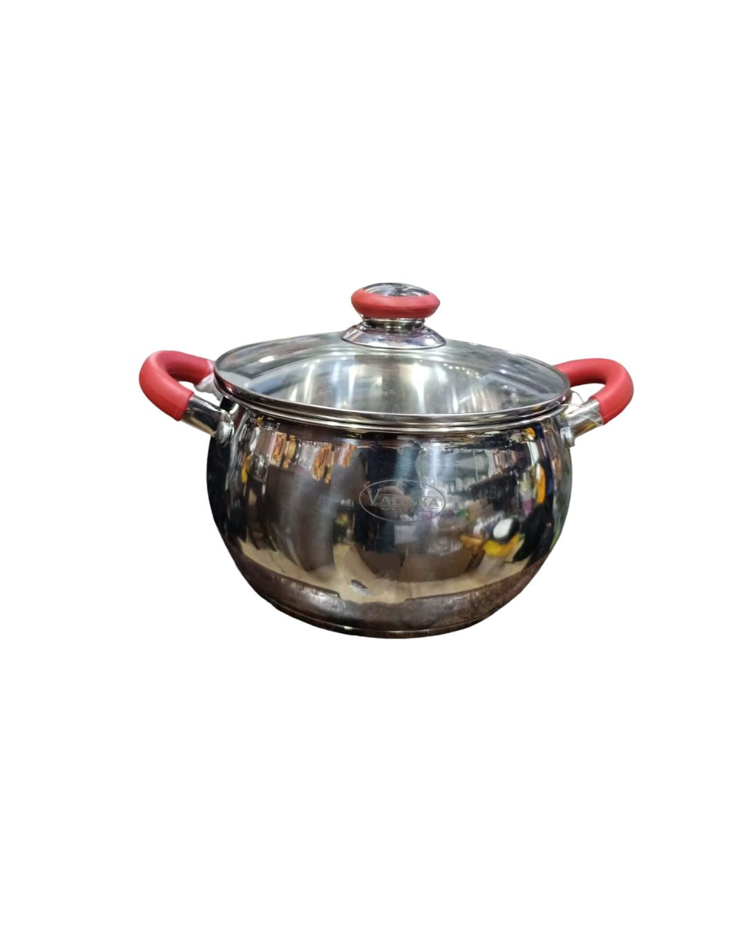 Olla bombeada de acero inoxidable 20 cm con asas rojas con tapa de vidrio marca Valeska