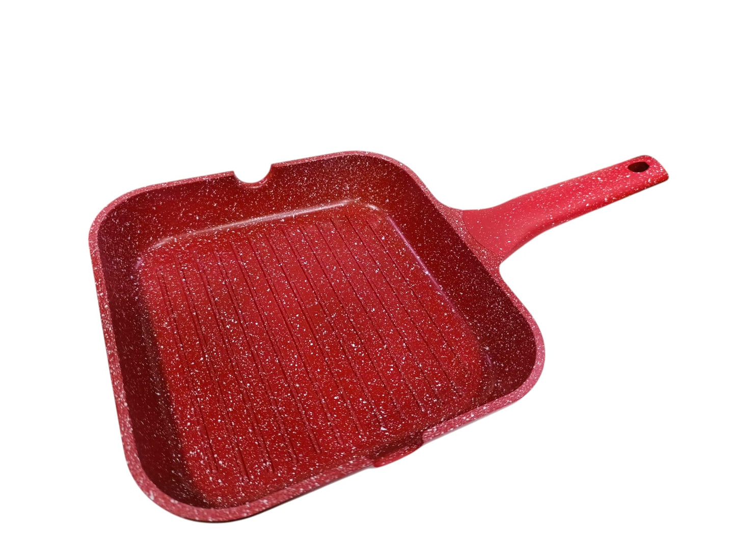 Sartén cuadrada roja de roca volcánica con tapa de vidrio