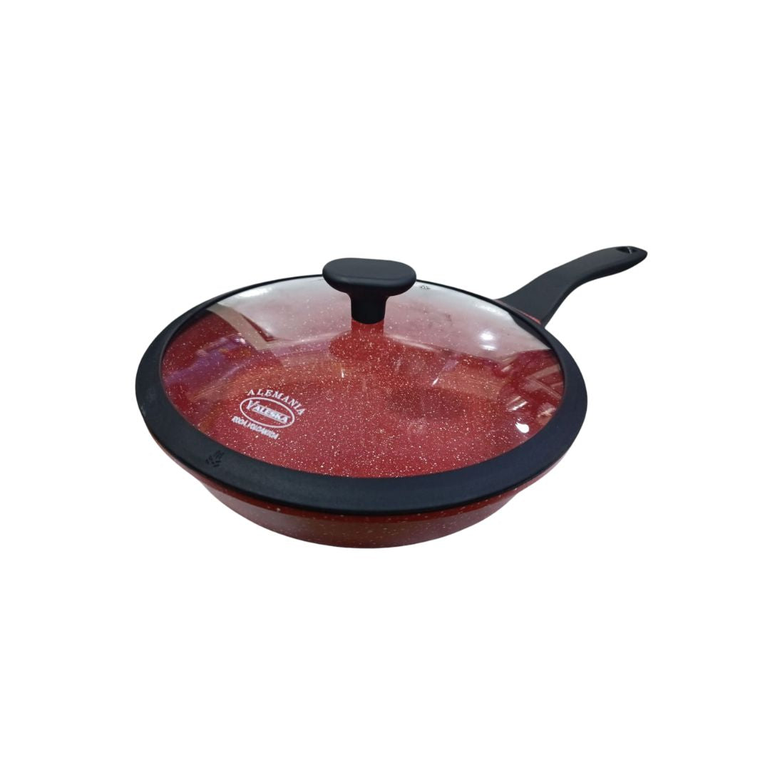 Sartén de roca volcánica roja con tapa de vidrio marca Valeska