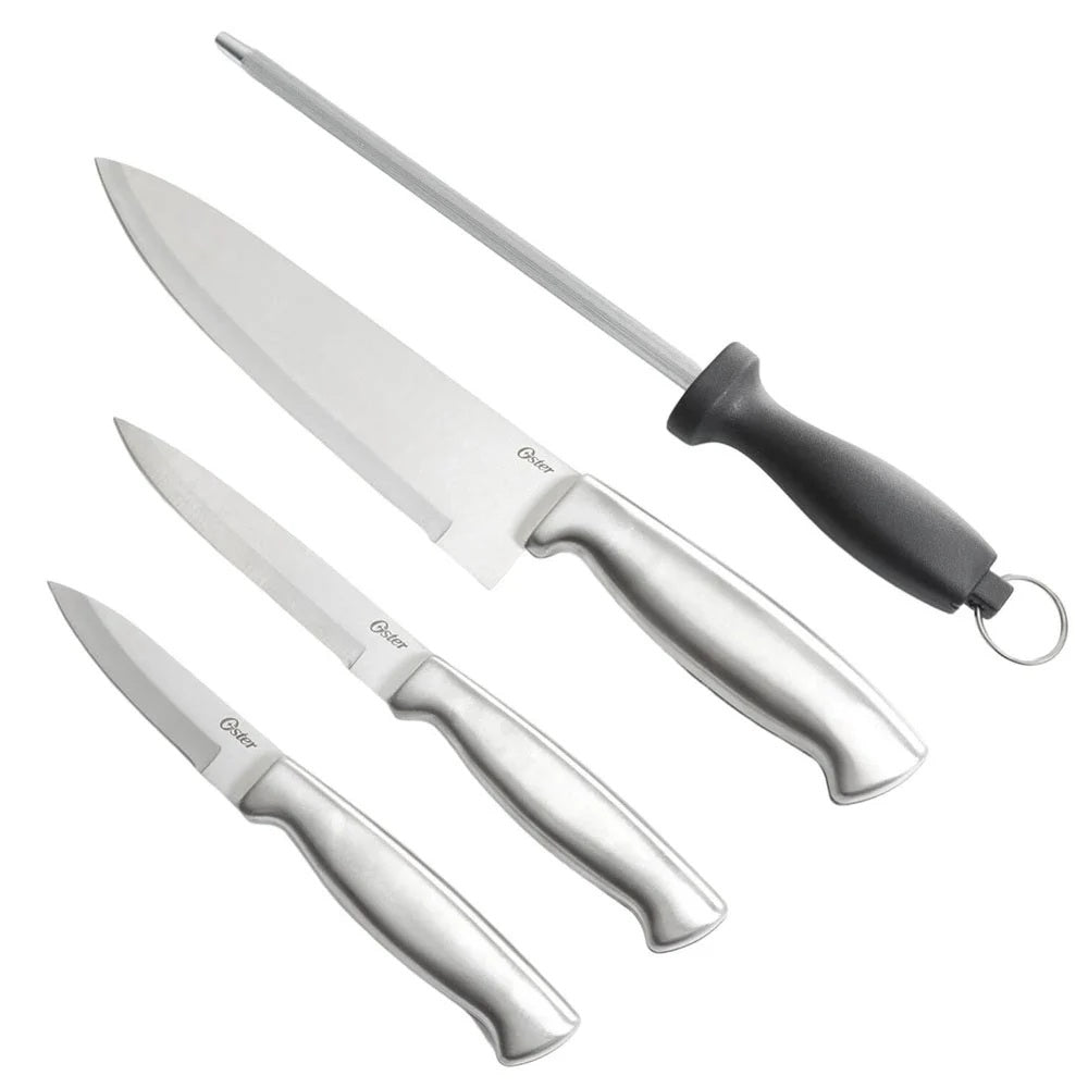 Set 3 cuchillos + afilador acero inoxidable marca Oster