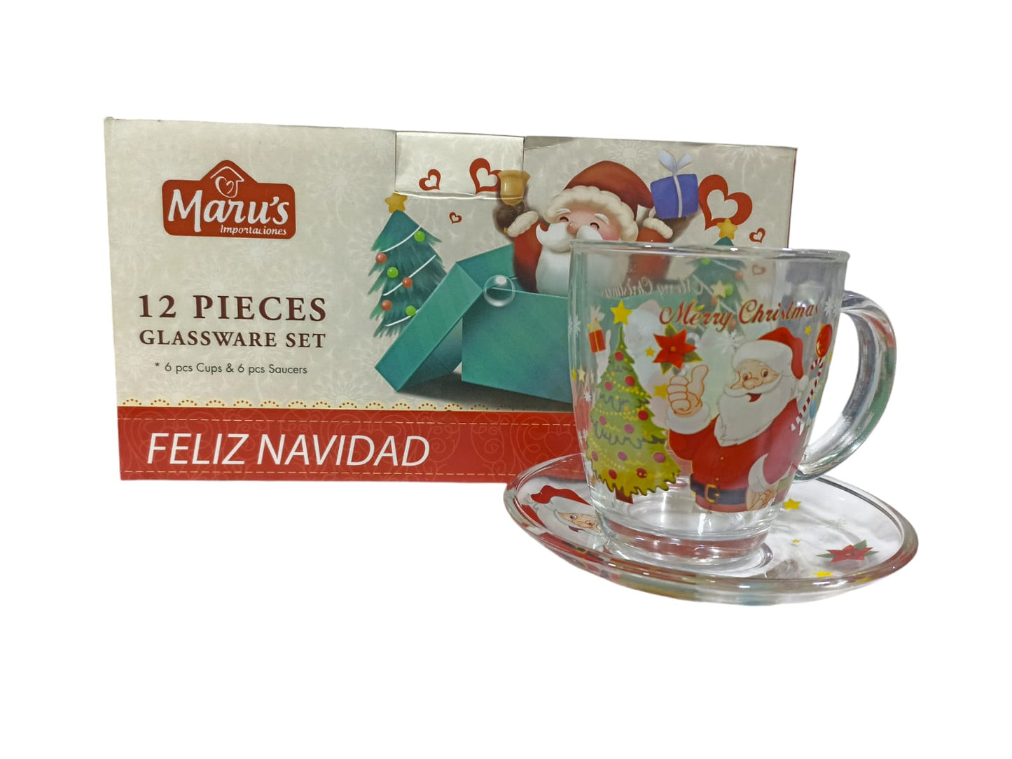 Set 6 Tazas navideñas de vidrio con plato Papa Noel con árbol