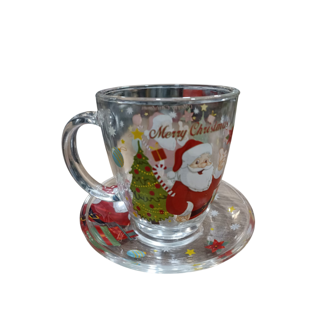Set 6 Tazas navideñas de vidrio con plato Papa Noel con árbol