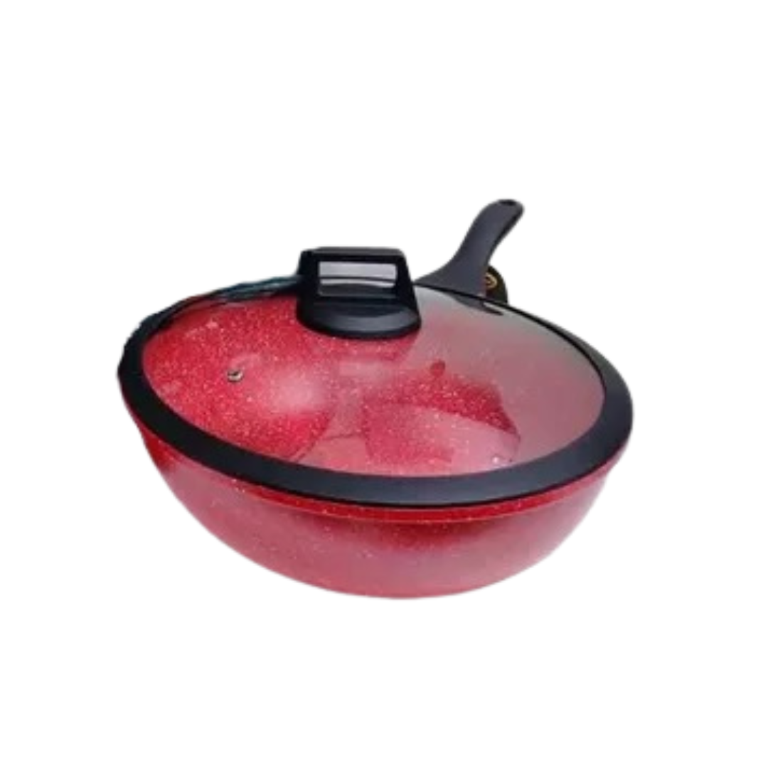 Sartén wok de roca volcánica con tapa de vidrio filo de silicona color rojo