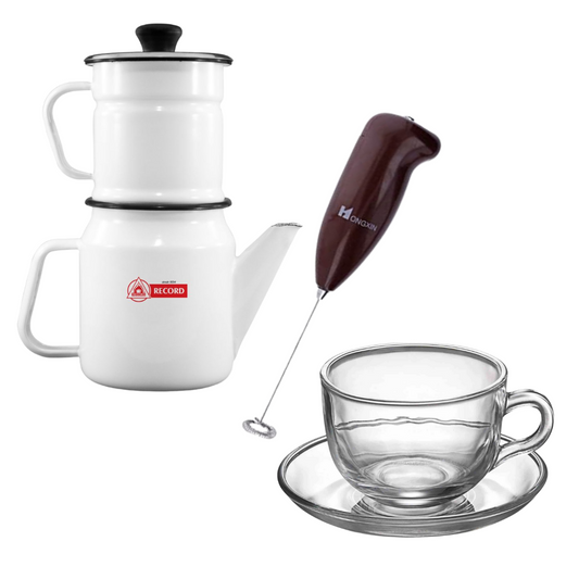 Pack café: Cafetera enlozada Record + taza de vidrio con plato + batidor manual