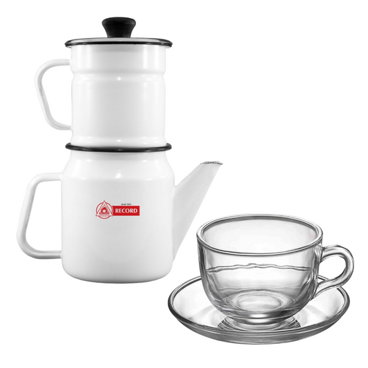 Cafetera Enlozada 2 piezas Record + Taza de vidrio con plato