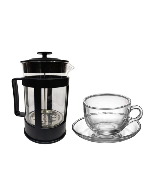 Cafetera francesa 800 ml + Taza de vidrio con plato 420 ml