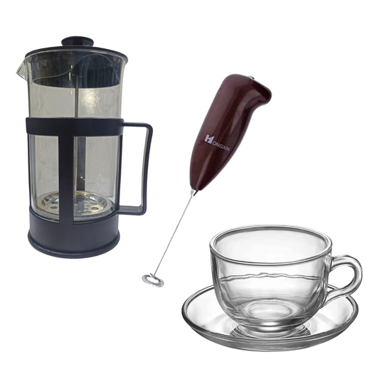 Cafetera francesa 1 L + taza de vidrio con plato 420 ml + mini batidor