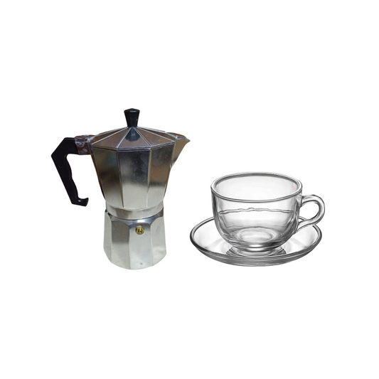Cafetera italiana 6 tazas + Taza de vidrio con plato 420 ml
