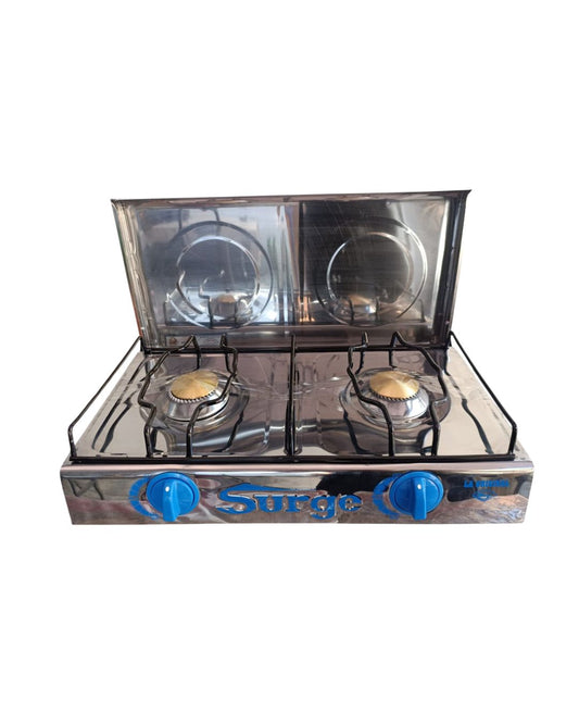 Cocina de mesa 2 hornillas de acero inoxidable con tapa marca Surge
