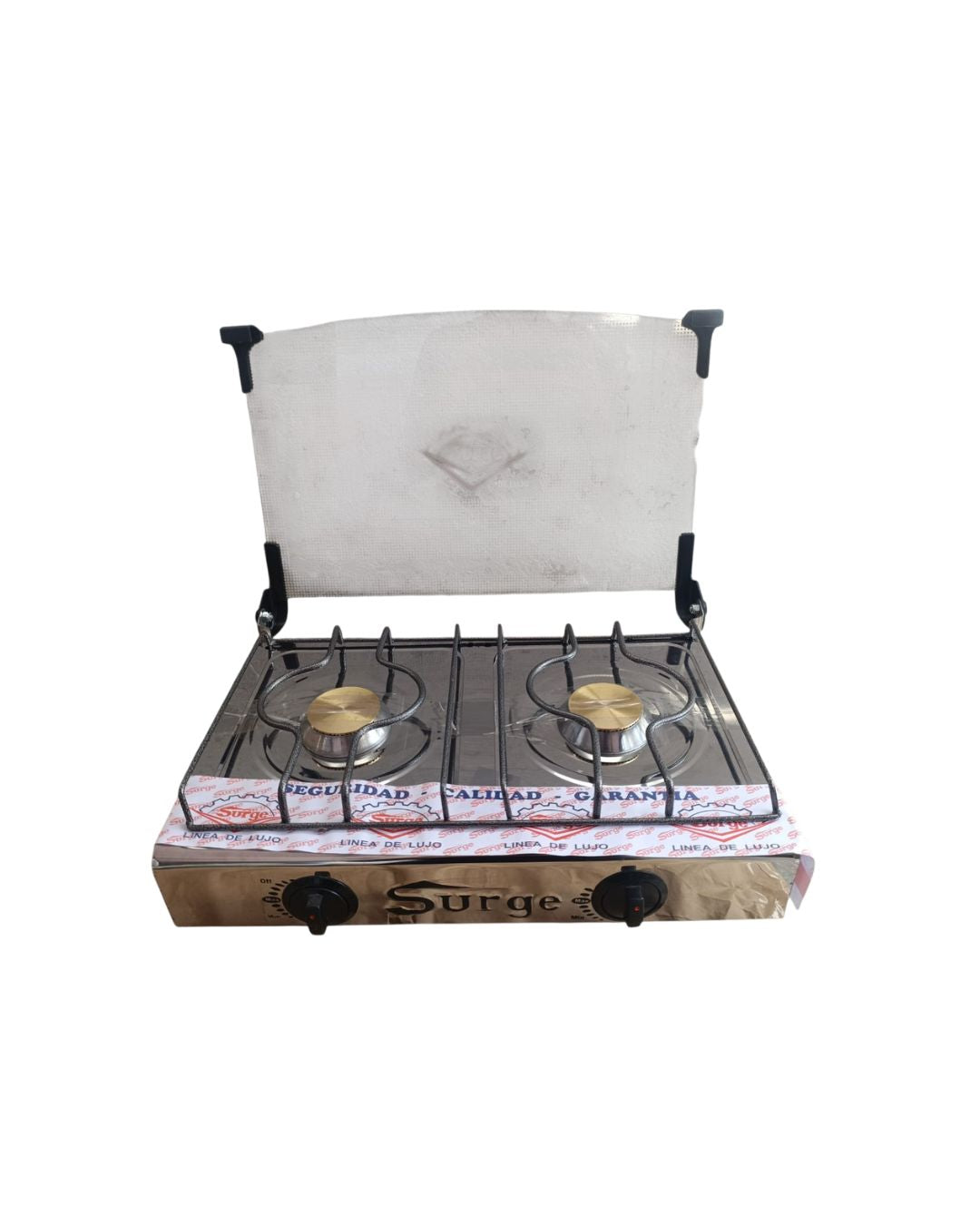 Cocina de mesa 2 hornillas de acero inoxidable con tapa de vidrio marca Surge