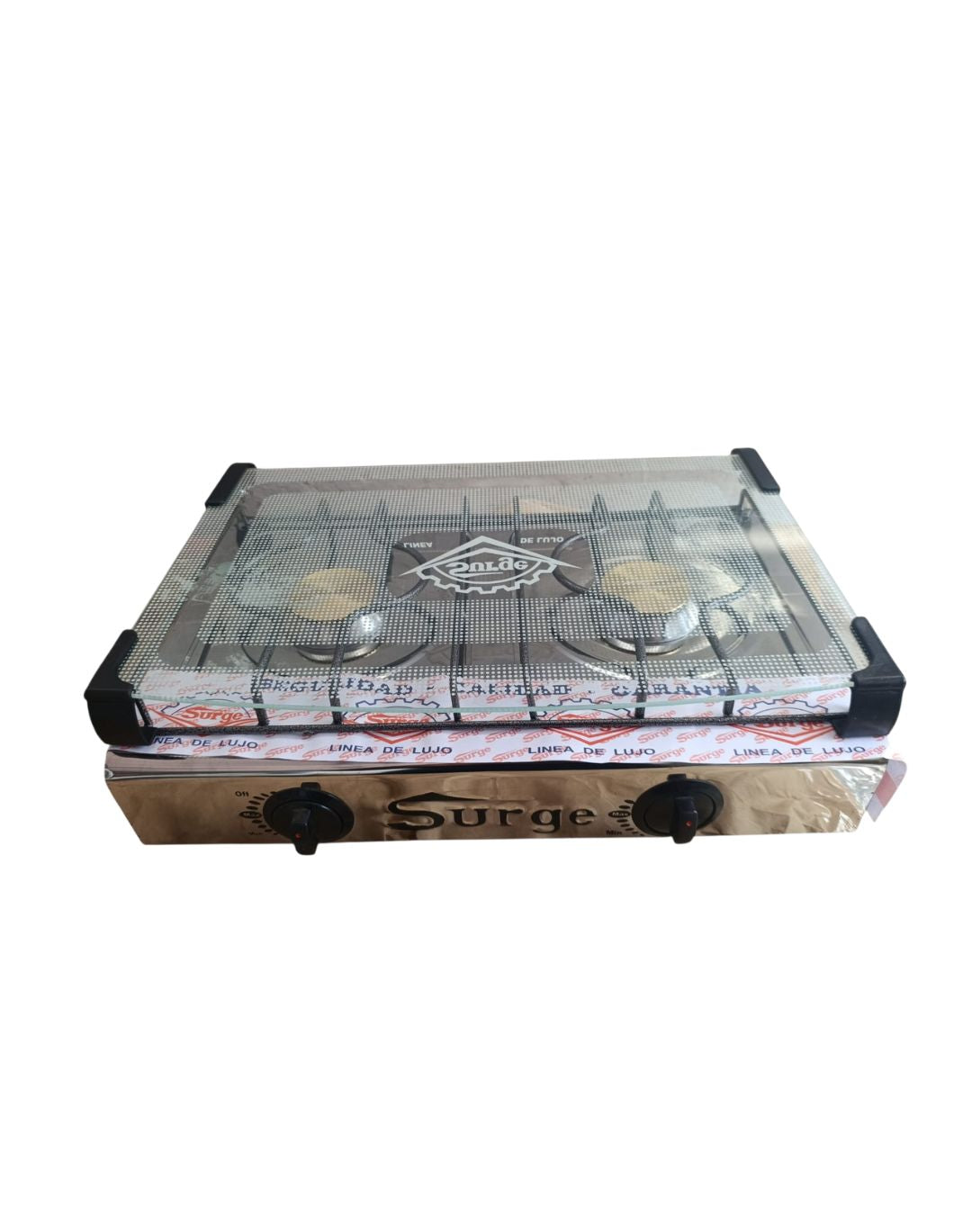 Cocina de mesa 2 hornillas de acero inoxidable con tapa de vidrio marca Surge