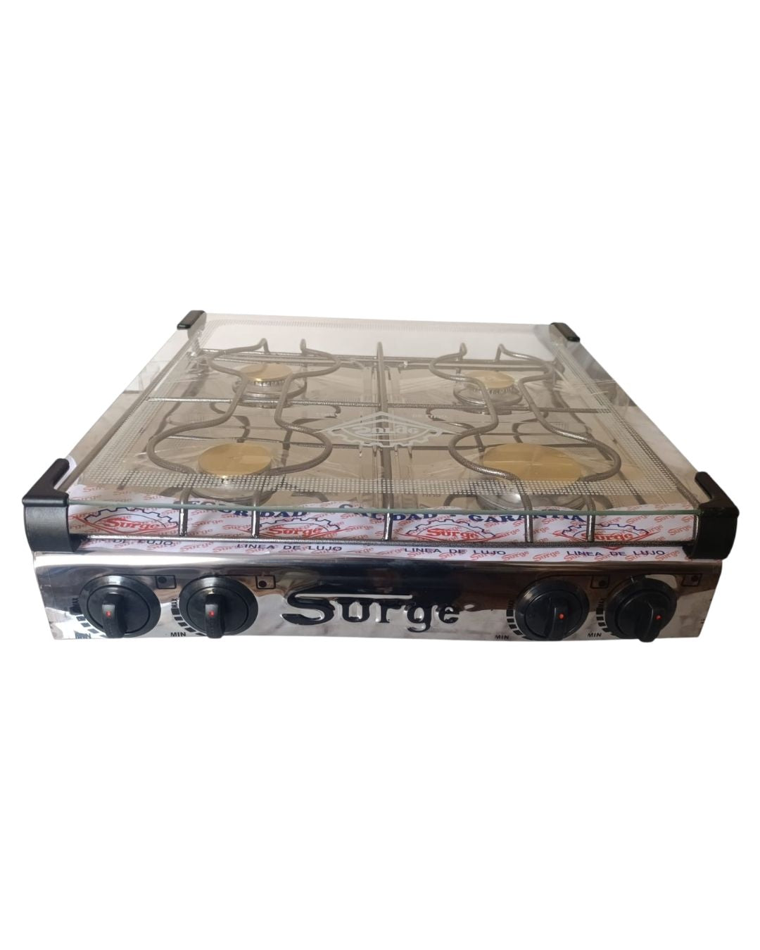 Cocina de mesa 4 hornillas de acero inoxidable con tapa de vidrio marca Surge