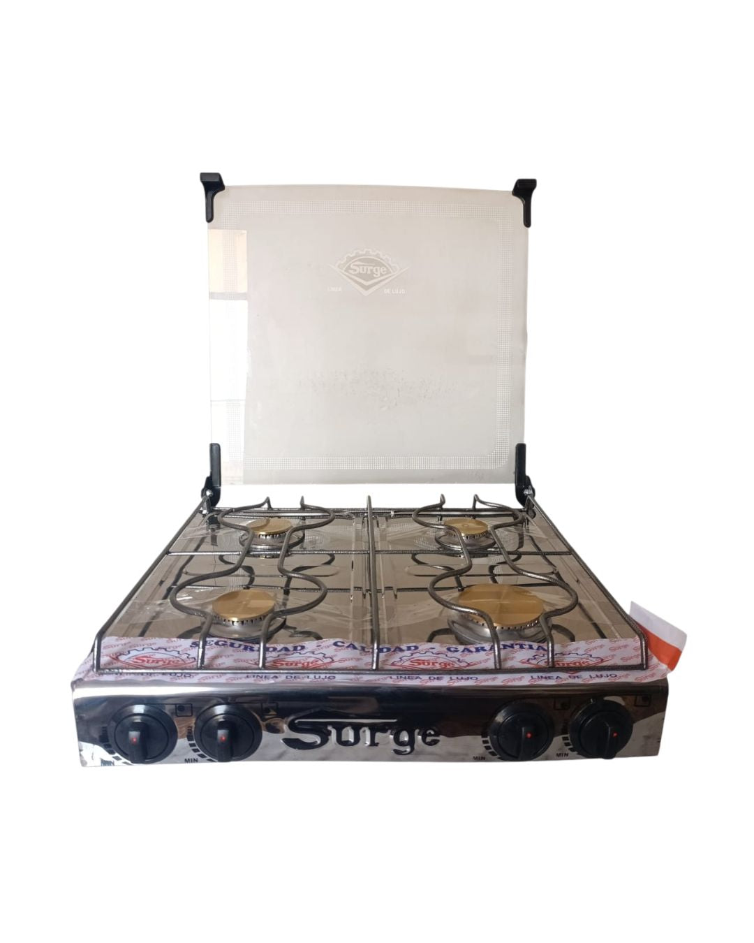 Cocina de mesa 4 hornillas de acero inoxidable con tapa de vidrio marca Surge