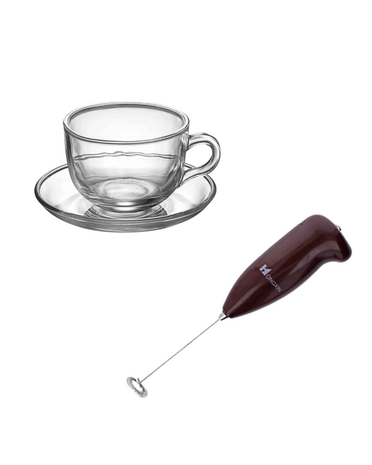 Batidor manual para capuchino + Taza de vidrio con plato 420 ml