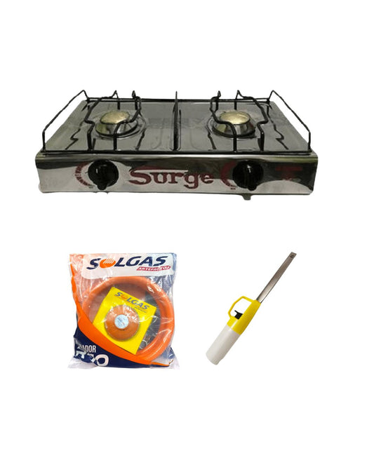 Cocina de mesa 2 hornillas a gas + Regulador Premium con manguera + Encendedor de cocina