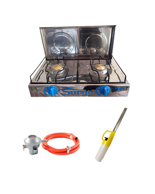 Cocina de mesa 2 hornillas a gas con tapa + Regulador con manguera + Encendedor de cocina