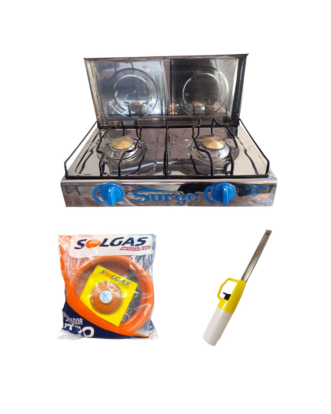 Cocina de mesa 2 hornillas a gas con tapa + Regulador Premium con manguera + Encendedor de cocina