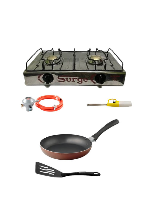 Combo Cocina 2 hornillas + Regulador con manguera + Encendedor + Sartén