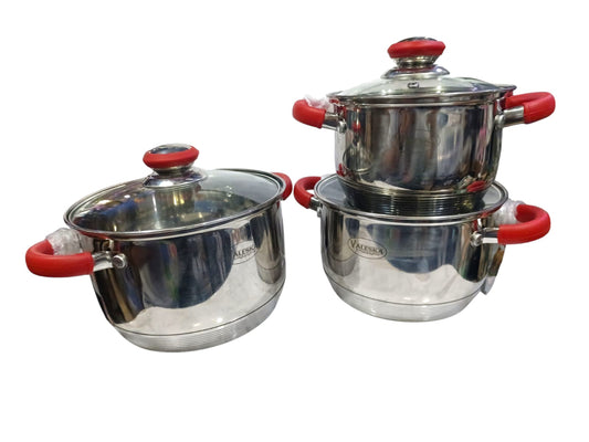 Valeska brand 6-piece stainless steel pot set with glass lid and red handles