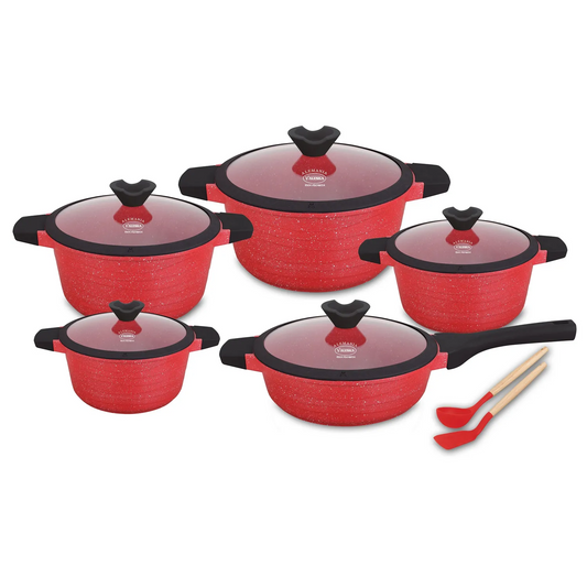 Juego de ollas de roca volcánica rojo x 12 piezas marca Valeska