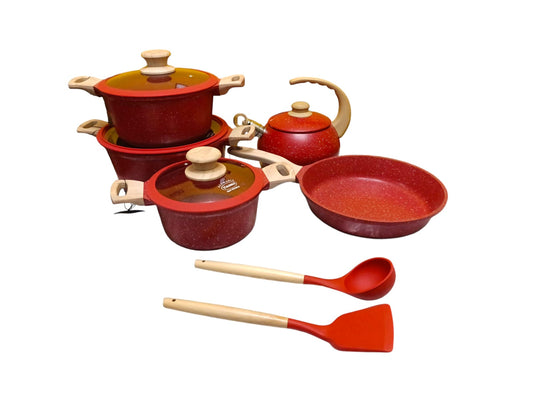Juego de ollas de roca volcánica rojo x 9 piezas marca Valeska