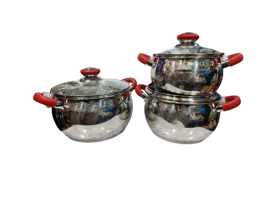 Juego de ollas bombeadas de acero inoxidable con asas rojas con tapa de vidrio x 6 piezas marca Valeska