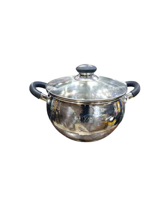 Olla bombeada de acero inoxidable 16 cm con asas negras con tapa de vidrio marca Valeska