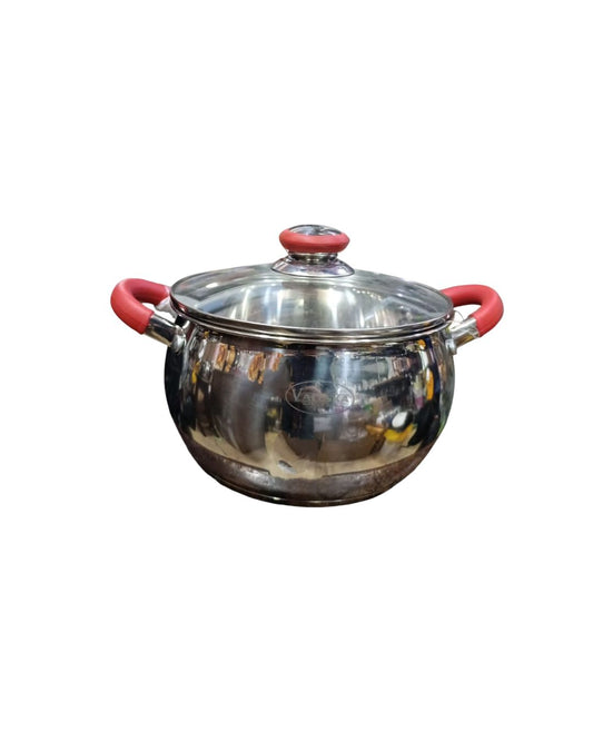 Olla bombeada de acero inoxidable 16 cm con asas rojas con tapa de vidrio marca Valeska