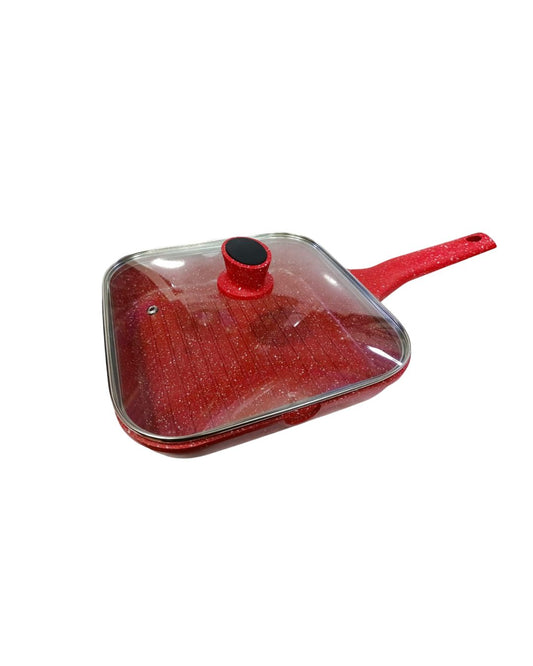 Sartén cuadrada roja de roca volcánica con tapa de vidrio