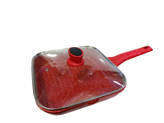 Sartén cuadrada roja de roca volcánica con tapa de vidrio
