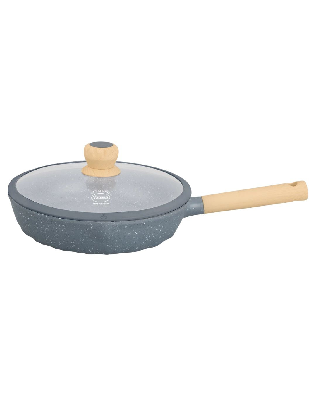 Sartén de roca volcánica gris con mango de madera con tapa de vidrio marca Valeska
