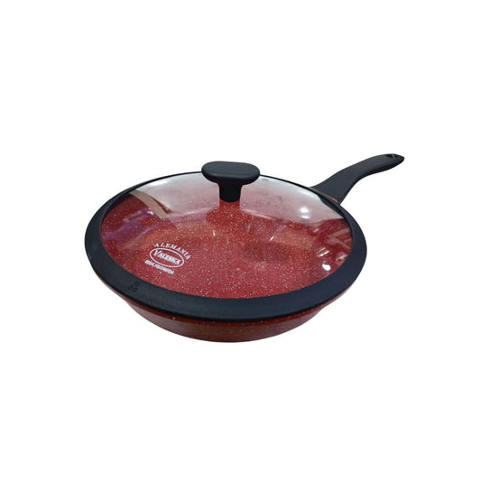 Sartén de roca volcánica roja con tapa de vidrio marca Valeska