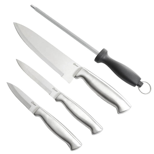 Set 3 cuchillos + afilador acero inoxidable marca Oster