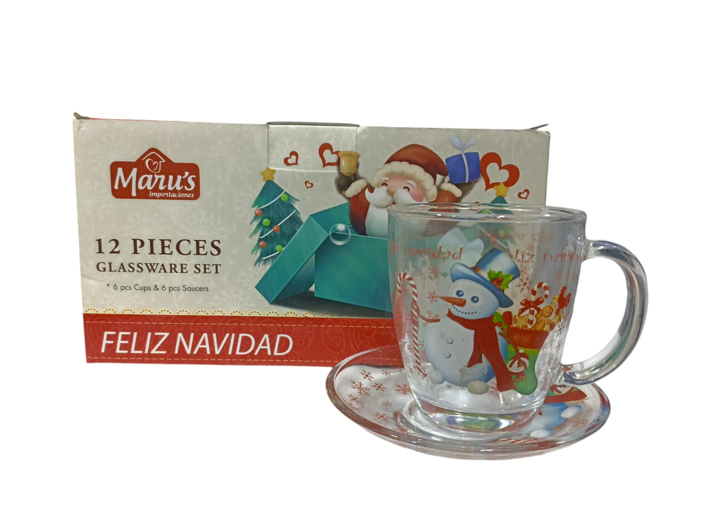 Set 6 Tazas navideñas de vidrio con plato muñeco de nieve