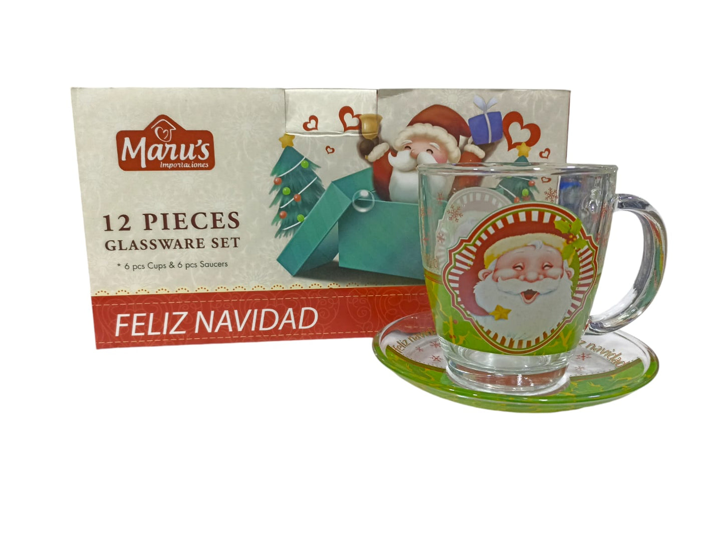 Set 6 Tazas navideñas de vidrio con plato rostro Papa Noel