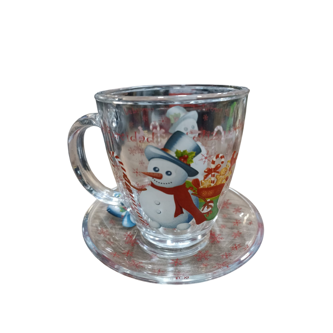 Set 6 Tazas navideñas de vidrio con plato muñeco de nieve